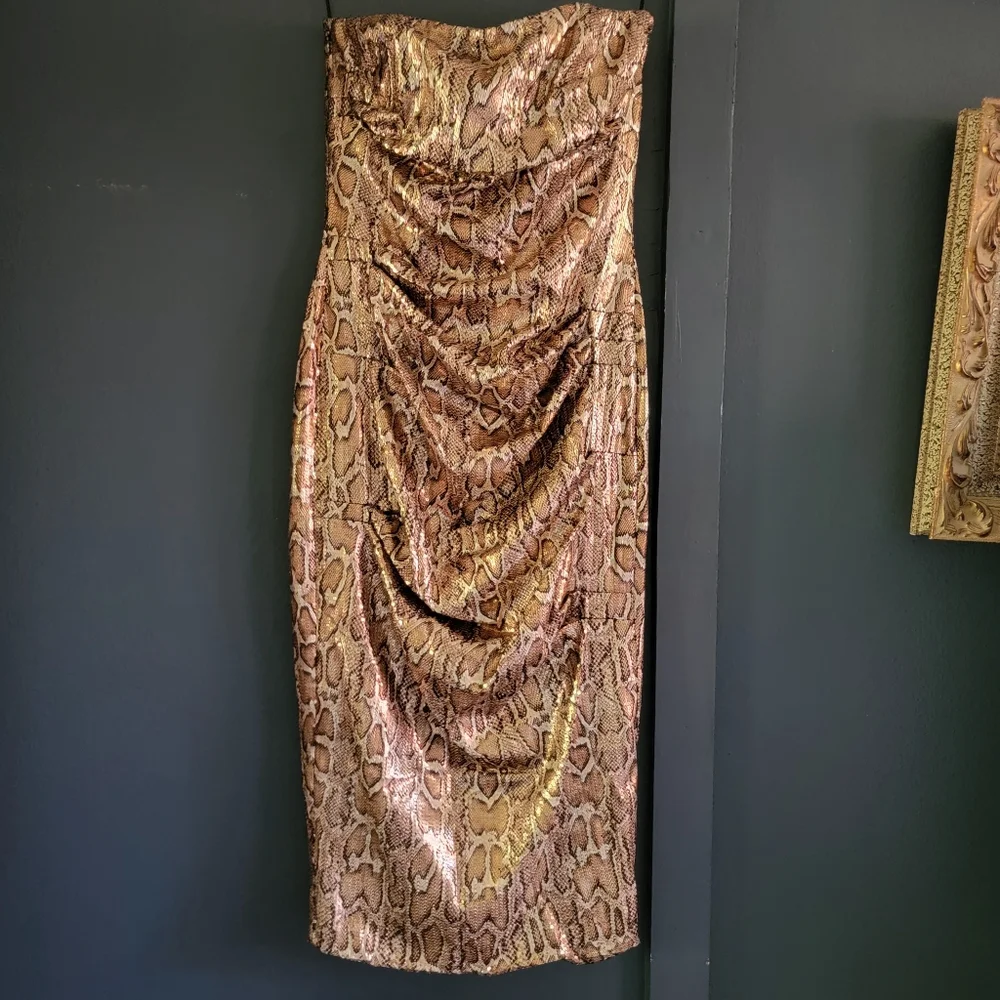 New Nookie‎ Blind Date Snake Animal Print Metallic Stretch Midi Dress Medium - Picture 3 of 13